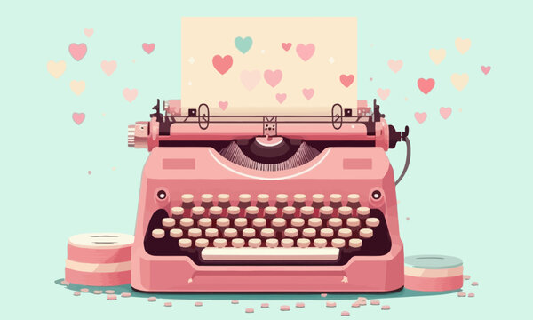 Pink typewriter on a green background. Letter with hearts. Vector illustration