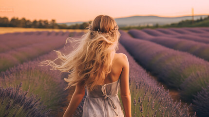 Obraz premium Blonde Girl Posing in a Lavender Field 