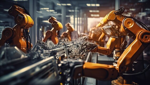 Futuristic Robot in Manufacturing Industry with Monitors and Machinery, High-Tech Automation Concept, Generative AI