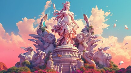 Fototapeta premium Abstract background statue in the divine palace mythology. A charming illustration of a mythological goddess who protects the palace from evil. Generative AI.