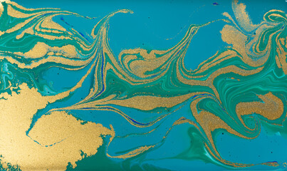 Fototapeta na wymiar Golden Wave Veins on Blue Marble Background.