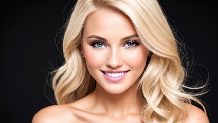 Fototapeta premium Portrait beautiful blonde model woman with white teeth smile, healthy long hair and beauty skin on dark background. Concept of advertising dentist and facial care. Generative AI