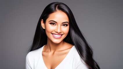 Obraz premium Portrait beautiful brunette model woman with white teeth smile, healthy long hair and beauty skin on dark background. Concept of advertising dentist and facial care. Generative AI