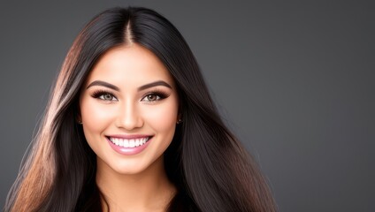 Fototapeta premium Portrait beautiful brunette model woman with white teeth smile, healthy long hair and beauty skin on dark background. Concept of advertising dentist and facial care. Generative AI