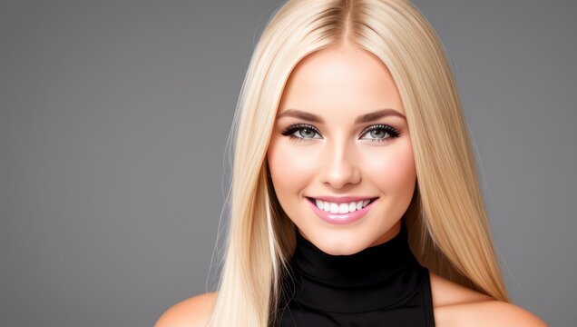 Portrait beautiful blonde model woman with white teeth smile, healthy long hair and beauty skin on dark background. Concept of advertising dentist and facial care. Generative AI