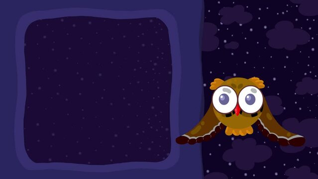 Cartoon character owl flying loop animation for titles. Bird good for fairy tales, illustration, etc...  Night sweet animal, stars and clouds. Cute intro frame included, seamless loop. 