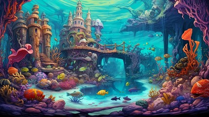 Abstract background kingdom with mermaids under the sea. An imaginative banner design showcasing a vibrant illustration of a kingdom with mystical temple underwater. Generative AI.
