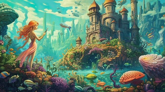 Abstract background kingdom with mermaids under the sea. An enchanting banner design featuring a kingdom with mesmerizing mermaids beneath the sea. Generative AI.