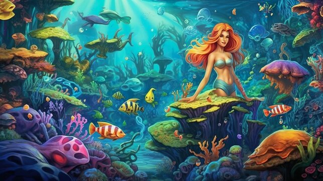 Abstract background kingdom with mermaids under the sea. A breathtaking background depicting a kingdom beneath the waves, adorned with beautiful mermaids. Generative AI.