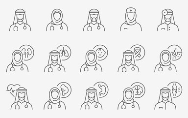 Arabian muslim doctor icons, such as pediatrician, cardiologist, dermatologist, gastroenterologist, pulmonologist and more. Editable stroke.