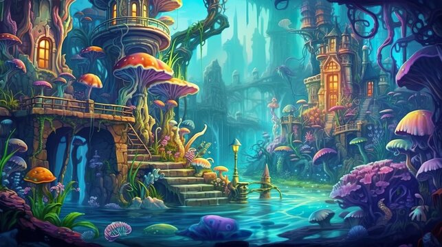 Abstract background kingdom with mermaids under the sea. A stunning banner design displaying an underwater kingdom teeming with enchanting plants. Generative AI.