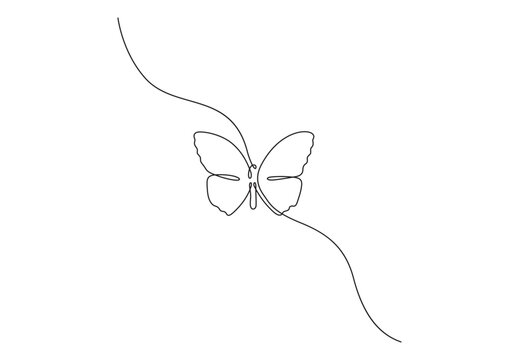 Butterfly in one continuous line drawing beautiful flying moth for wellbeing beauty or spa salon logo and divider concept in linear style vector illustration. Premium vector.
