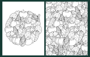 Fresh vegetables coloring pages set in US Letter format. Black and white healthy food background. Doodle prints. Vector illustration