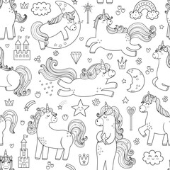 Cute unicorns black and white seamless pattern for kids. Magic pony background in outline. Great for coloring page, apparel, fabric, wallpaper. Vector illustration