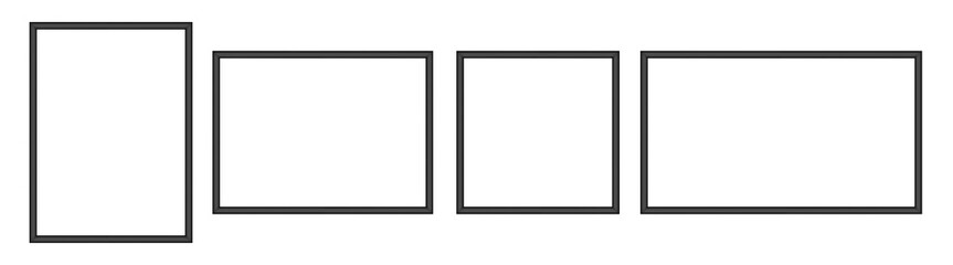 Set of black photo frames. White passe-partout. Square and rectangular pictures. Poster or painting template on a transparent background.