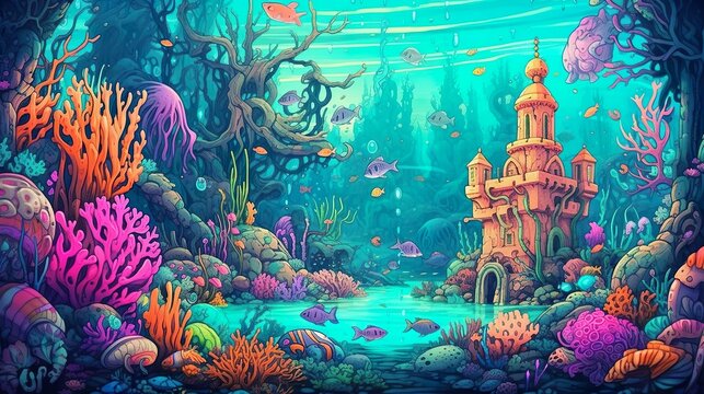 Abstract background kingdom with mermaids under the sea. An ethereal illustration of a mesmerizing kingdom inhabited by enchanting fish beneath the sea. Generative AI.