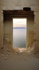 An open window in a stone wall overlooking a body of water. Generative AI.