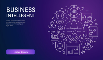 Business Intelligence banner template with linear icons. Set of machine learning, data science, risk managemen, digital modeling and others.