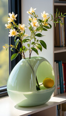 Green vase on a shelf
