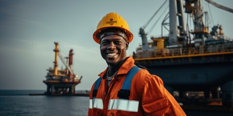 Portrait of a man oil rig worker with a helmet in front of the offshore rig