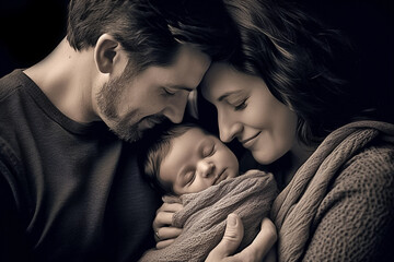 Portrait of a happy family with a newborn baby. Parents holding their child. Black and white photo. Generative AI