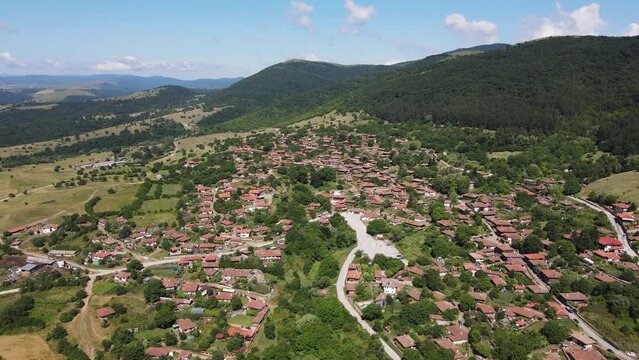 Aerial view of village of Zheravna with nineteenth century houses, Sliven Region, Bulgaria