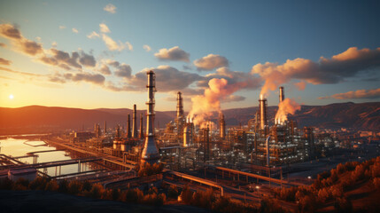 Naklejka premium Petrochemical plant at sunset. Oil and gas industry. Generative AI.