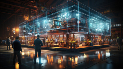 Team of rngineers and professionals workers in heavy industry manufacturing factory that is visualized. Generative AI.