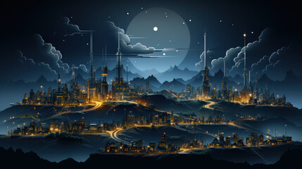 Fantasy city at night. Futuristic industrial factory landscape. Vector illustration. Generative AI.