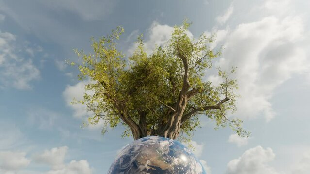 Planet earth with a growing tree and blue sky background with white clouds. Last tree on earth concept. Ecology and environment conservation issues. Save the planet symbol. Deforestation topic.