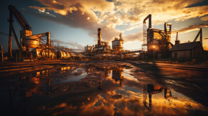 Fototapeta na wymiar Industrial landscape with the image of old factory at sunset, toned. Generative AI.