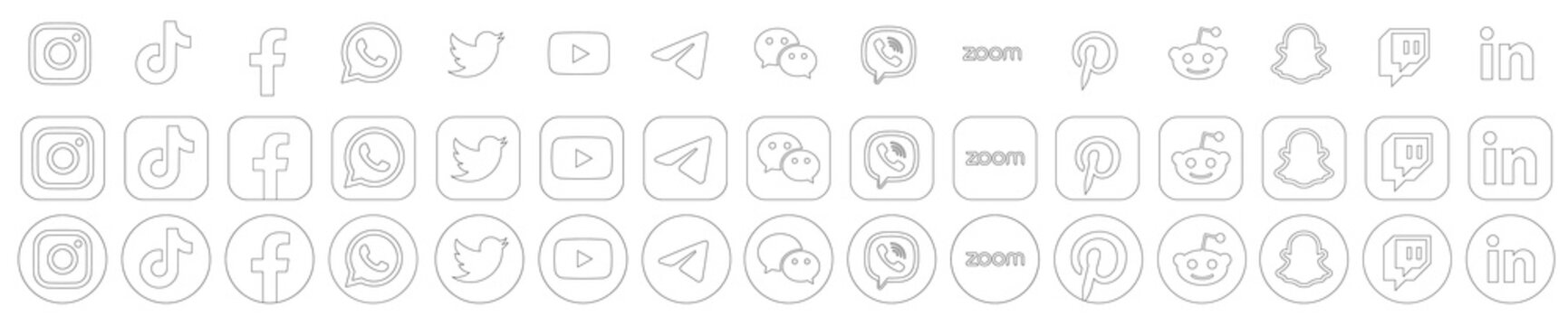 Instagram, TikTok, Facebook, Whatsapp, Twitter, YouTube, Telegram, Zoom, Viber, WeChat, Twitch, Snapchat, Pinterest, Reddit and LinkedIn app icons. Set of black and white outline logos