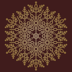 Round snowflake. Abstract winter ornament. Round golden snowflake