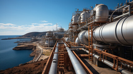 Naklejka premium Industrial zone, Steel pipelines and cables in petrochemical plant. Generative AI.