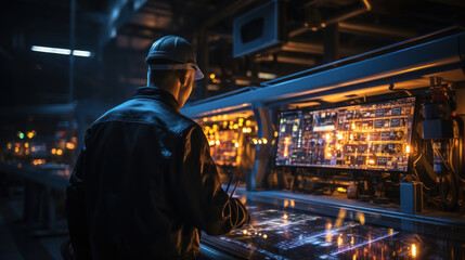 Technician working on the control panel of the factory at night. Generative AI.