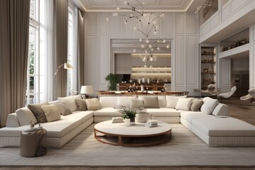 The living room interior features an elegant design with a cozy sofa.
