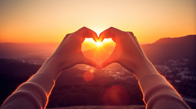 Human stands with arms outstretched, forming a heart shape, while the sun gleams at its center
