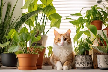 A white wall serves as the backdrop in a home where a ginger cat lounges near a collection of green potted houseplants. The indoor plants, consisting of peperomia, spider plant, and dieffenbachia