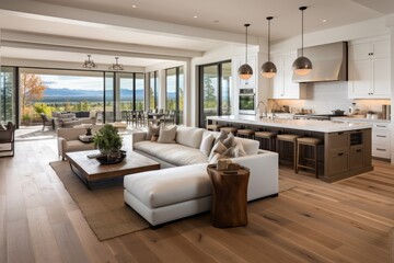 Fototapeta premium Stunning interior design of the living room in a brand new luxurious home, featuring exquisite hardwood flooring and a captivating view of the kitchen.