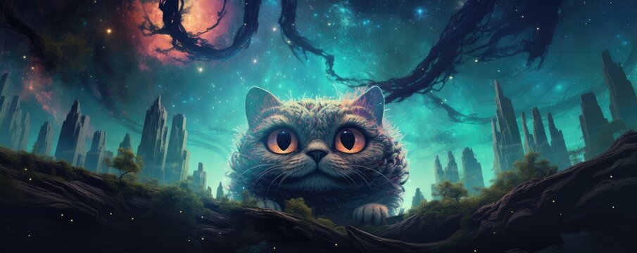 Sci-fi cat wild animal, fantasy creature with colorful sky background, panorama. Generative Ai.