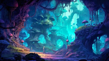 Naklejka premium Abstract background mystical cave. A visually stunning composition of abstract background and illustrative elements, transporting viewers into a neon-infused mystic cave. Generative AI.