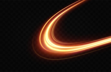 Golden glowing swirl. The effect of moving at the speed of light. Easy trail. Shiny wavy path. Vector.Neon light.