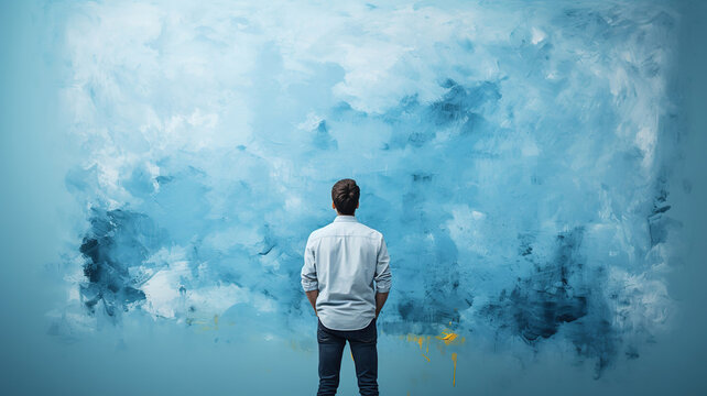 A person is in the process of painting the wall blue