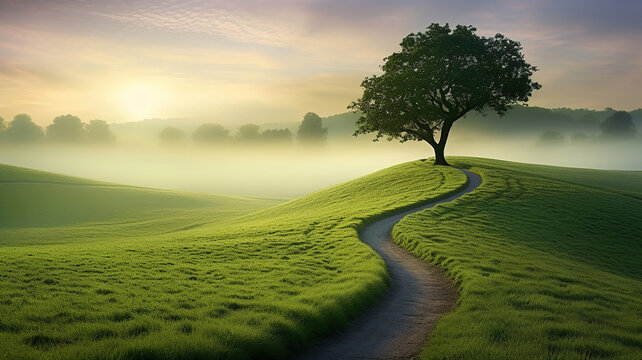 The winding path crosses a green field, with trees in the distance, creating a picturesque natural landscape