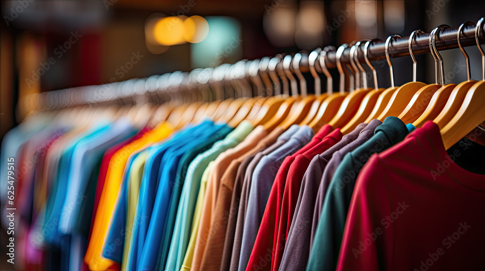 Wall mural plain t-shirts of different colors hang on a hanger, store interior blur.