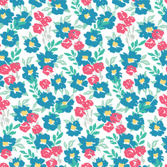 Seamless floral pattern, liberty ditsy print with drawing of tiny plants. Cute botanical design with gentle meadow: small hand drawn flowers, leaves on a white background. Vector illustration.