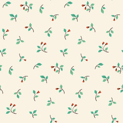 Seamless floral pattern, liberty ditsy print, folk motif ornament with pretty tiny twigs. Cute botanical design: small hand drawn branches, flowers, leaves on a white background. Vector illustration.