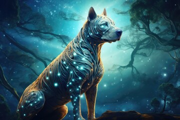 Sci-fi dog home animal, fantasy creature with colorful sky dark background. Generative Ai.