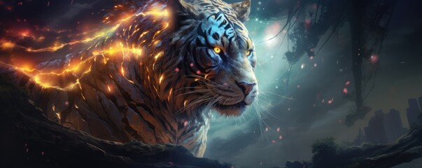 Sci-fi tiger wild animal, fantasy creature with colorful sky dark background, panorama. Generative Ai.