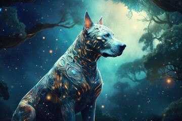 Sci-fi dog home animal, fantasy creature with colorful sky dark background. Generative Ai.
